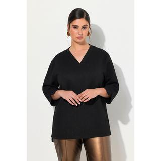 Ulla Popken  Sweat-shirt à manches 3/4 et col en V, tissu texturé 