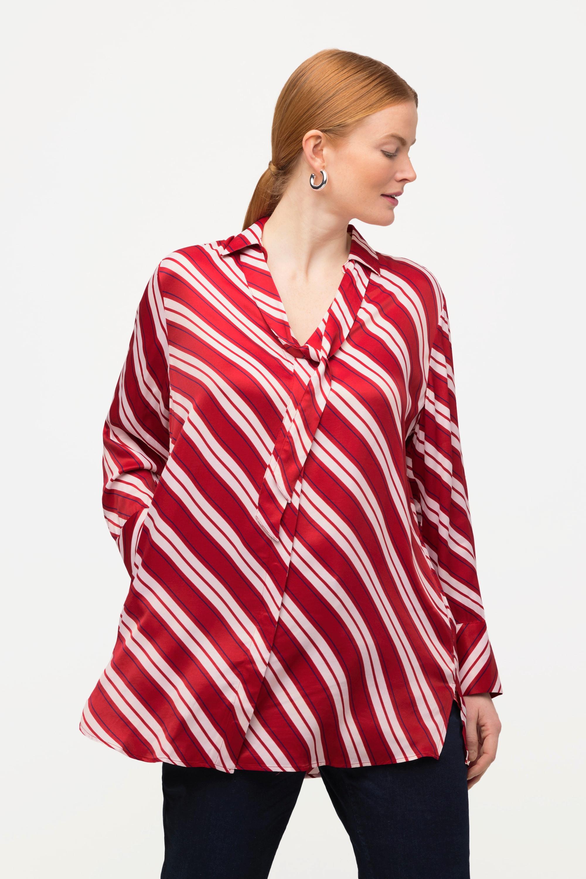 Ulla Popken  Blusa a righe dal taglio lungo e svasato con colletto da camicia e maniche lunghe 