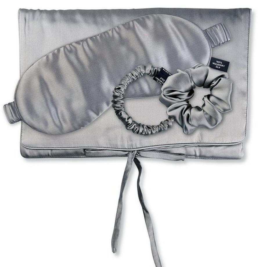 TRAVEL SET HAIR Borsa di seta, maschera per dormire, Scrunchie S & Scrunchie M