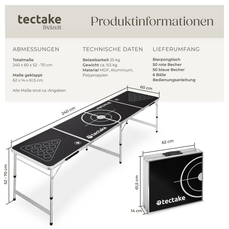 Tectake  Bierpong-Tisch Brew Battle aus Aluminium klappbar und höhenverstellbar 