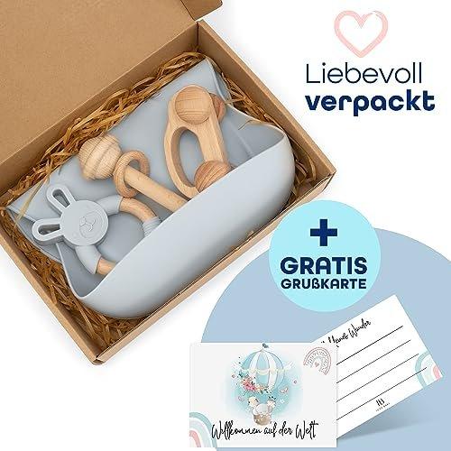 Activity-board  Cadeau bébé garçon [4 pièces] pour nouveau-né | Jouet fait main, bavoir en silicone, voiture en bois, anneau de dentition, hochet | Cadeau de naissance, baby shower 