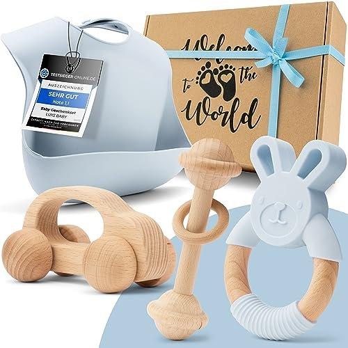 Image of Baby Geschenk Junge [4-Teilig] für Neugeborene | Handmade Spielzeug, Silikon Lätzchen, Holzauto, Grau