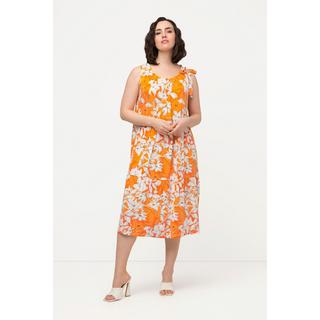 Ulla Popken  Midikleid, Blüten, Rundhals, Rüsche, Volants, ärmellos 