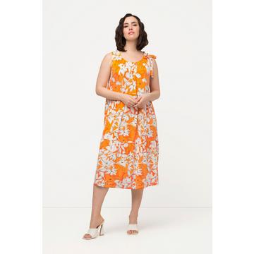 Robe midi sans manches et à col rond dans un imprimé à fleurs, ruché et volants