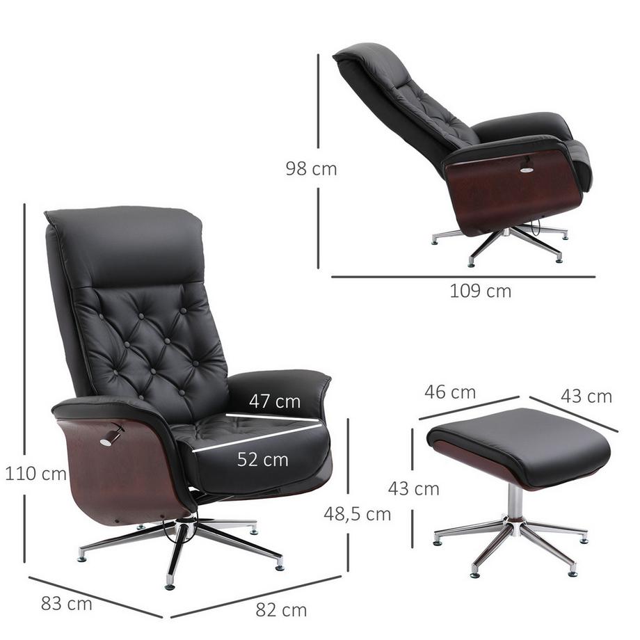 Northio Relaxsessel Mit Hocker Fernsehsessel Polstersessel 360°Drehbar 145° Neigbar Chesterfield Pu-Bezug Holzverkleidung Metallfuß 82X83X110Cm  