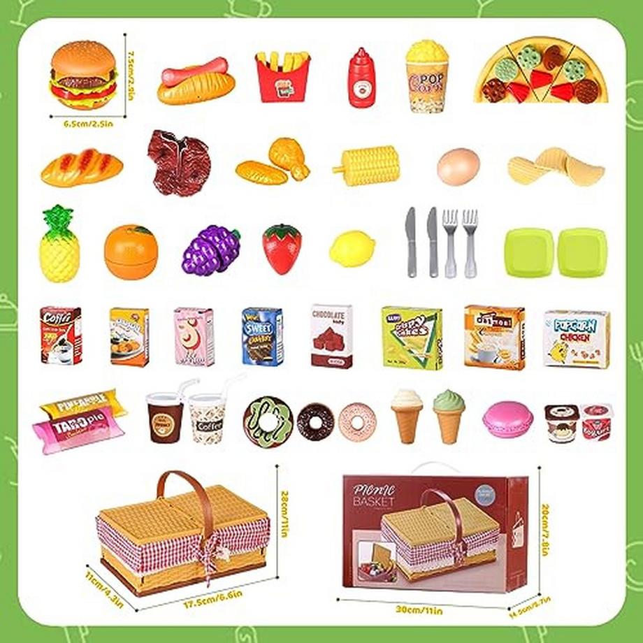 Activity-board  Accessoires de cuisine pour enfants, accessoires de cuisine avec panier de pique-nique, jouets alimentaires 103 pièces, jeux de rôle pour enfants 