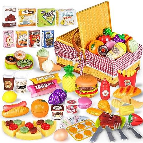 Activity-board  Accessoires de cuisine pour enfants, accessoires de cuisine avec panier de pique-nique, jouets alimentaires 103 pièces, jeux de rôle pour enfants 