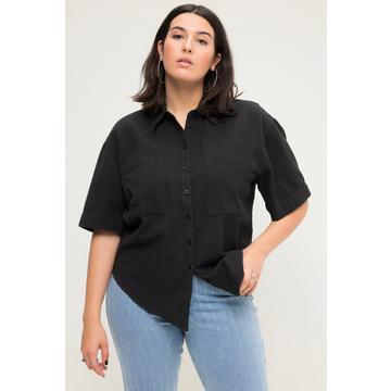 Leinenmix-Bluse, oversized, Hemdkragen, Halbarm