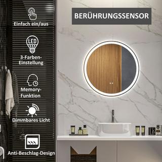 Northio Specchio da bagno con illuminazione a LED, Ø 60 cm Specchio illuminato con funzione touch, funzione memory, antiappannante con cornice in alluminio  