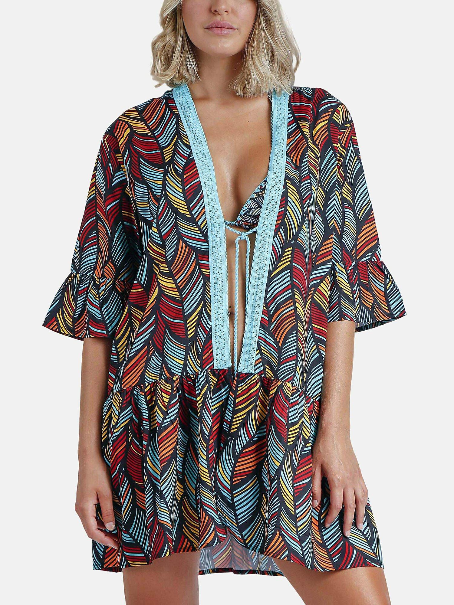 Image of Strandkaftan Ethnic Feathers Unisex Blau XL