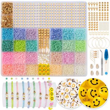 Perles à enfiler Kit de perles colorées, Mini perles en verre avec 300 perles de lettres et perles de smiley Kit de breloques pour bracelets DIY Kit de fabrication de bijoux DIY