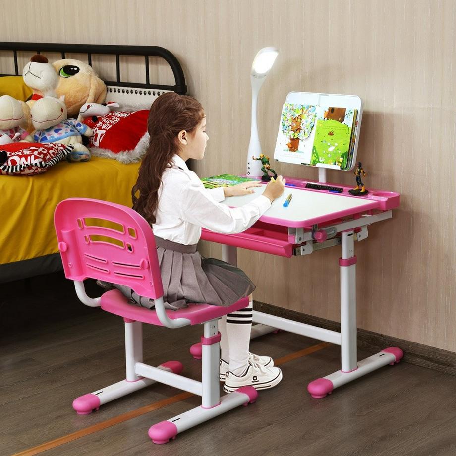 Northix Bureau enfant, inclinable, bureau étudiant avec lampe et chaise, couleurs au choix : rose  