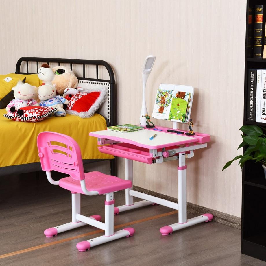 Northix Bureau enfant, inclinable, bureau étudiant avec lampe et chaise, couleurs au choix : rose  