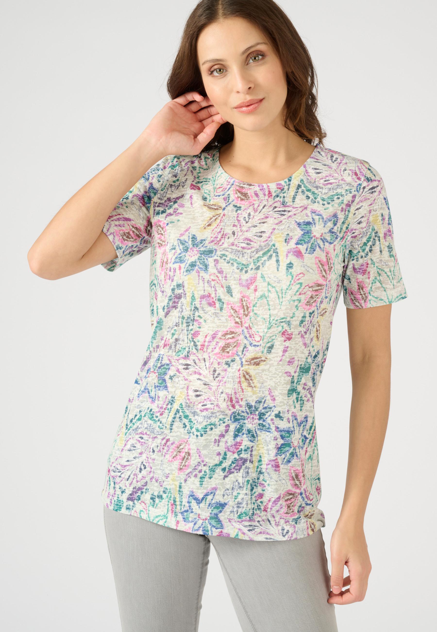 Image of Bedrucktes T-shirt Aus Gewebe Mit Ausbrennern. Damen Grün 46-48