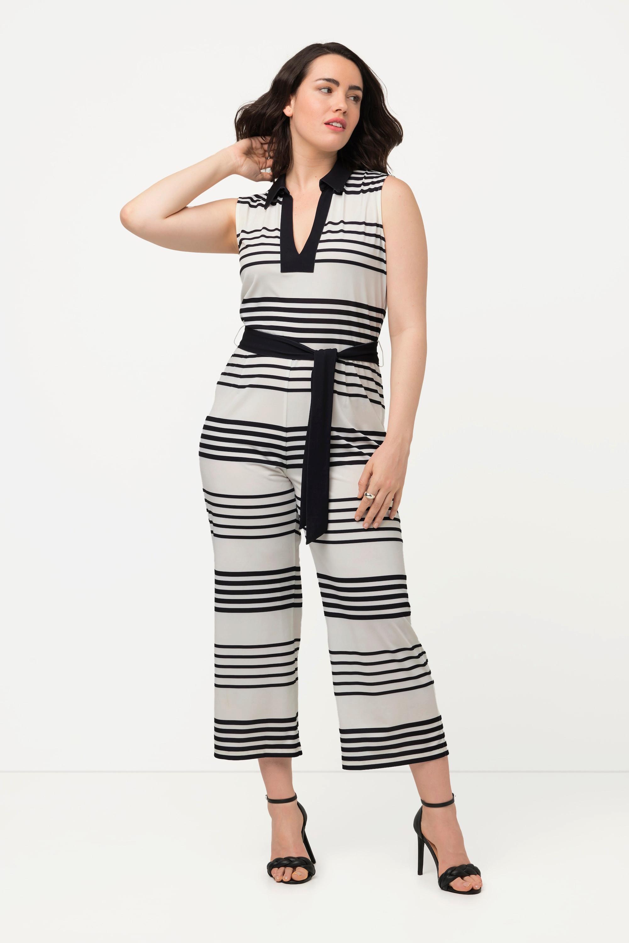 Ulla Popken  Jumpsuit, Streifen, Hemdkragen, weites Bein, ärmellos 