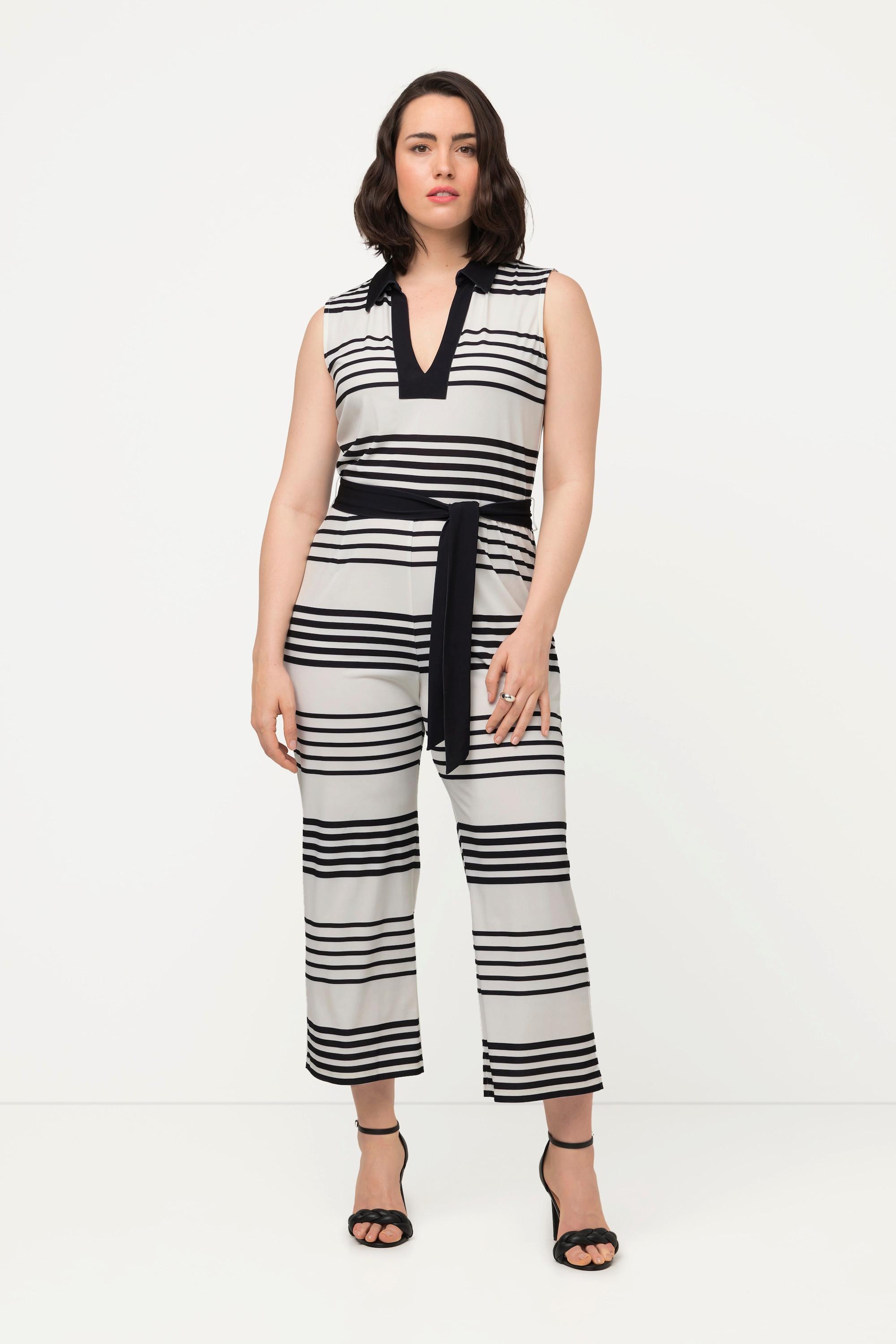 Ulla Popken  Jumpsuit, Streifen, Hemdkragen, weites Bein, ärmellos 