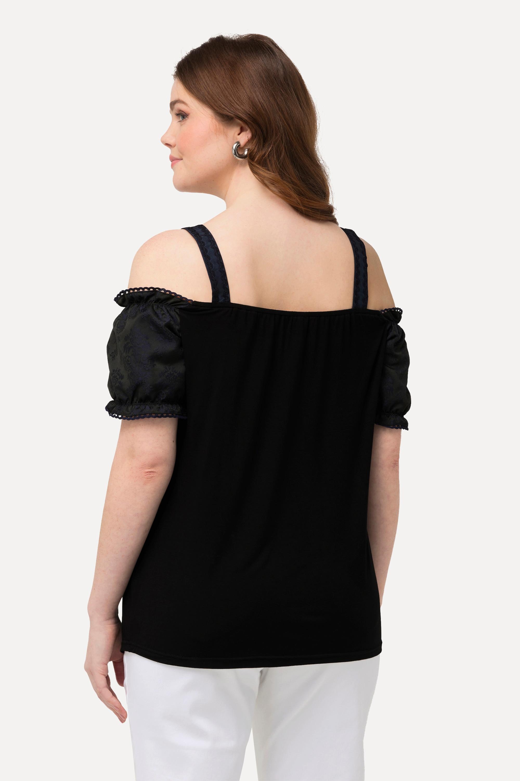 Ulla Popken  Blusa in tradizionale stile Tracht con pizzo, allacciatura, spalline e mezze maniche 