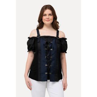 Ulla Popken  Blouse s'inspirant des tenues traditionnelles bavaroises. Bretelles, dentelle et laçage. Manches courtes 