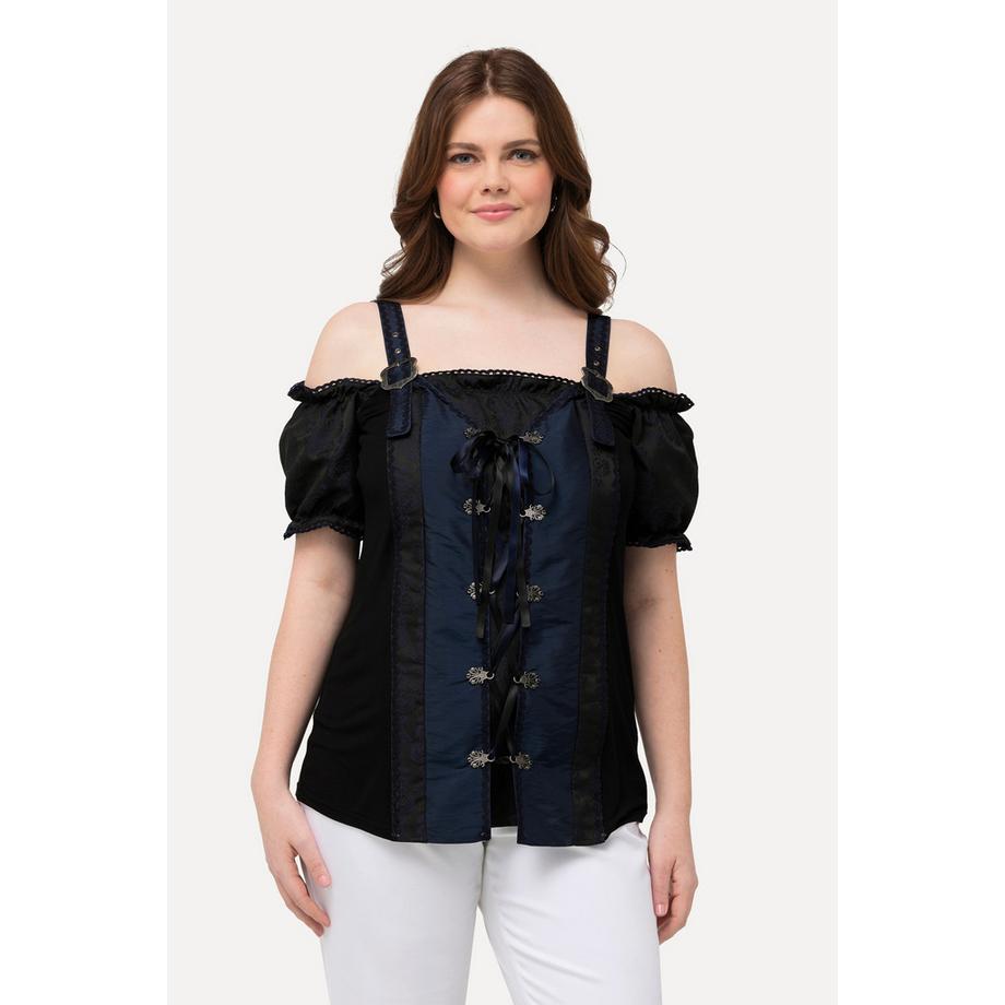 Ulla Popken Trachten-Bluse Schnürung Spitze Halbarm Träger  