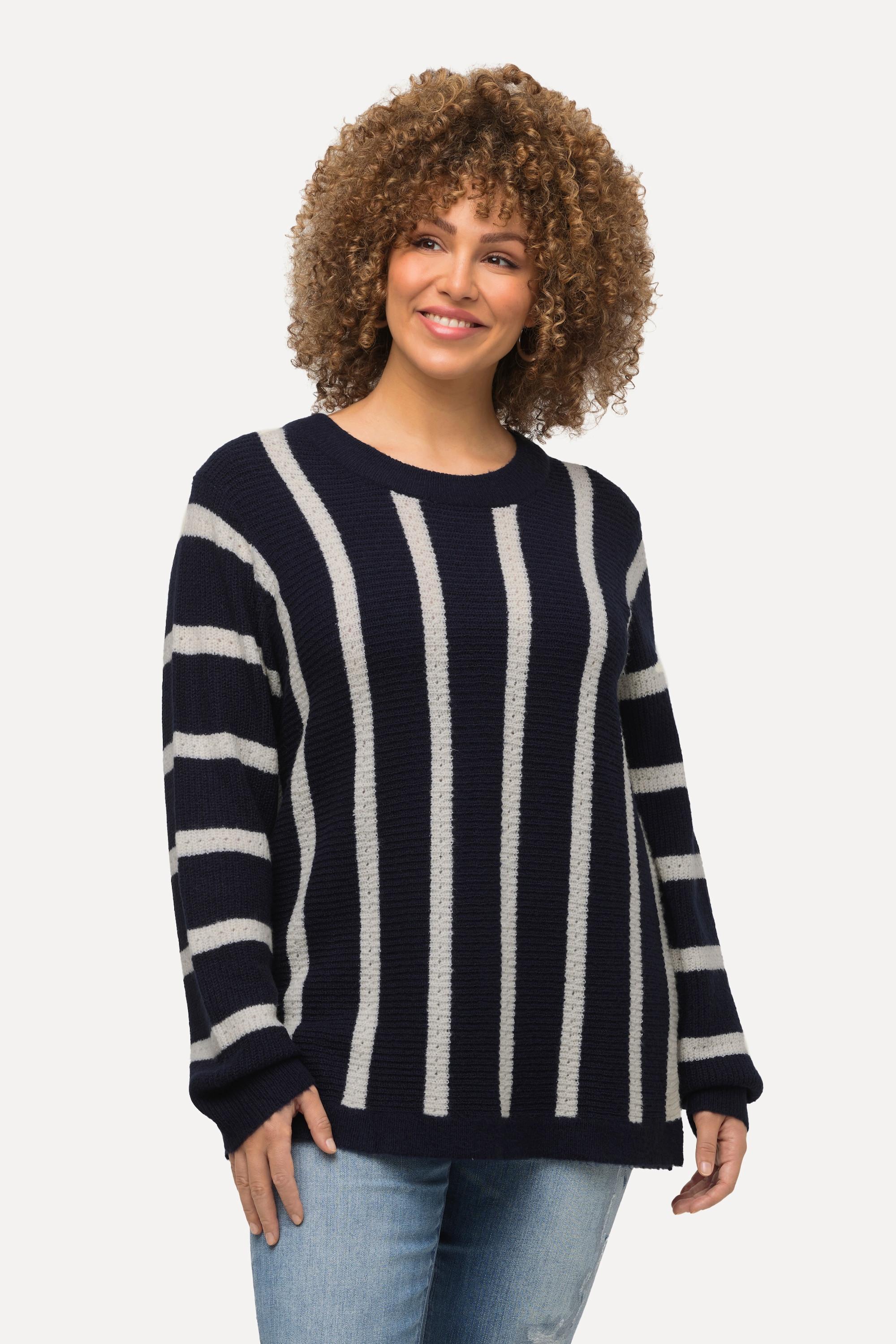 Ulla Popken  Pull oversize à col rond et manches longues, larges rayures 