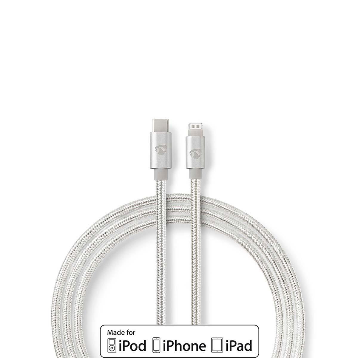 Image of Lightning Kabel | USB 2.0 | Apple Lightning, 8-polig | USB-C™ Stecker | 480 Mbps | Vergoldet | 1,00 m | Rund | Geflochten / Nylon | Aluminium / Silber | Box mit abgedecktem Fenster