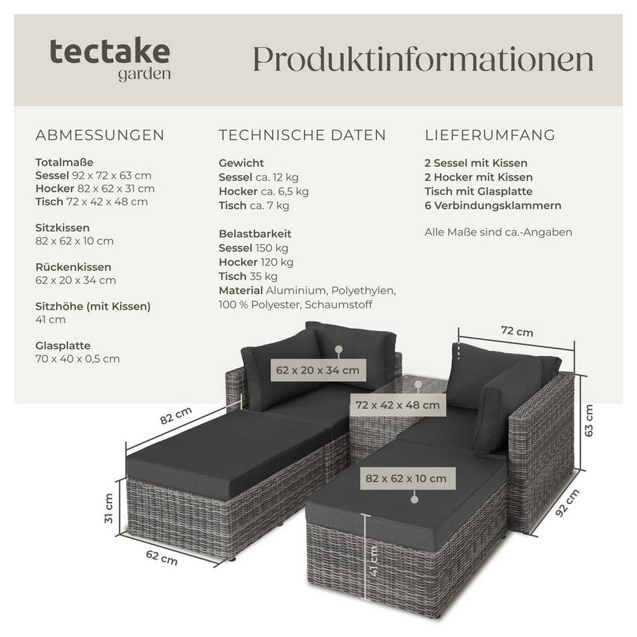 Tectake Aluminium Rattan Lounge San Domino wetterfest und UV-beständig Dicke der Sitzpolster 10 cm  