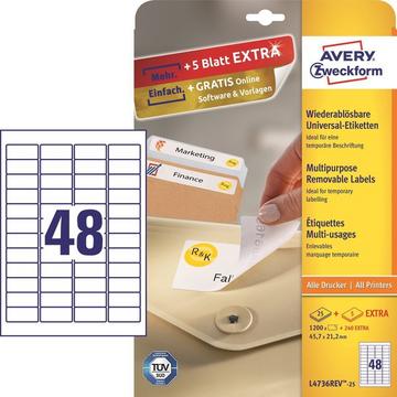 Avery-Zweckform L4736REV-25 Etichette 45.7 x 21.2 mm Carta Bianco 1440 pz. Staccabile Etichetta universale Inchiostro