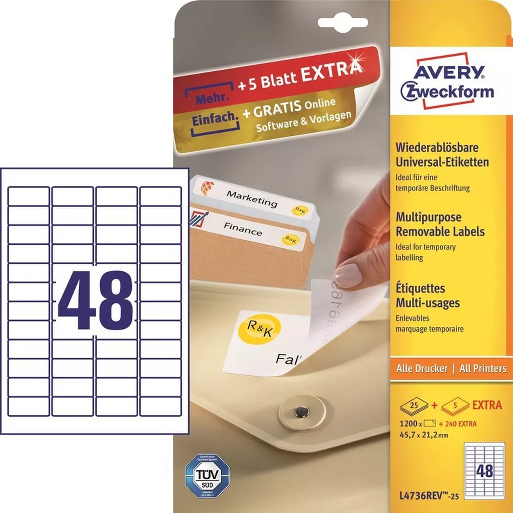 Avery-Zweckform – AVERY ZWECKFORM Etikett.Stick&Lift 45.7×21.2mm, 1440 Stk., One Size, Weiss