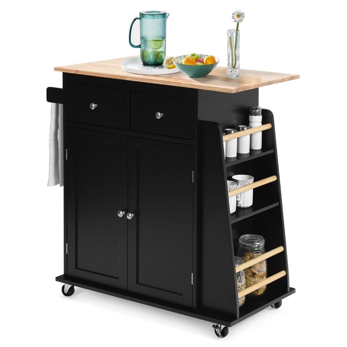 Northio Îlot de Cuisine avec Rangement Chariot de Service Roulant en Bois d'Hévéa 88 x 46 x 89,5 cm Noir  