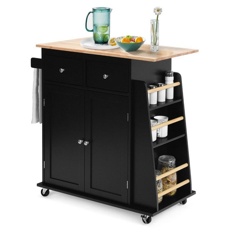 Northio Cucina ad isola con carrello portaoggetti in legno di gomma 88 x 46 x 89,5 cm Nero  