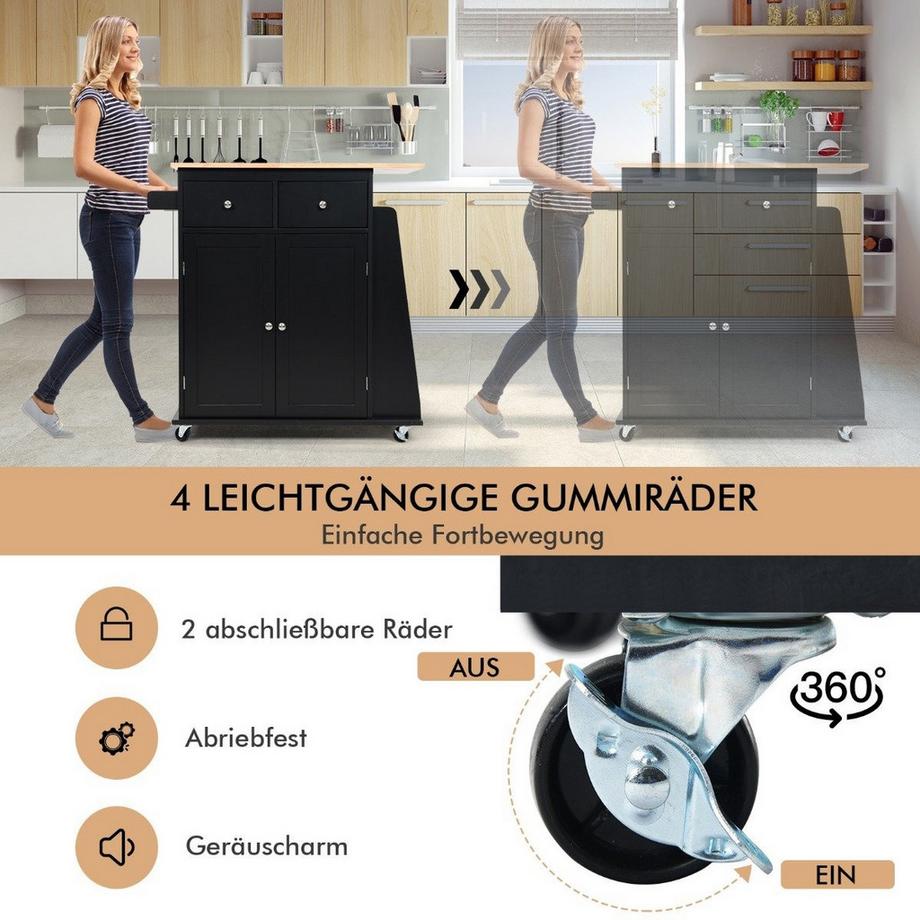 Northio Cucina ad isola con carrello portaoggetti in legno di gomma 88 x 46 x 89,5 cm Nero  