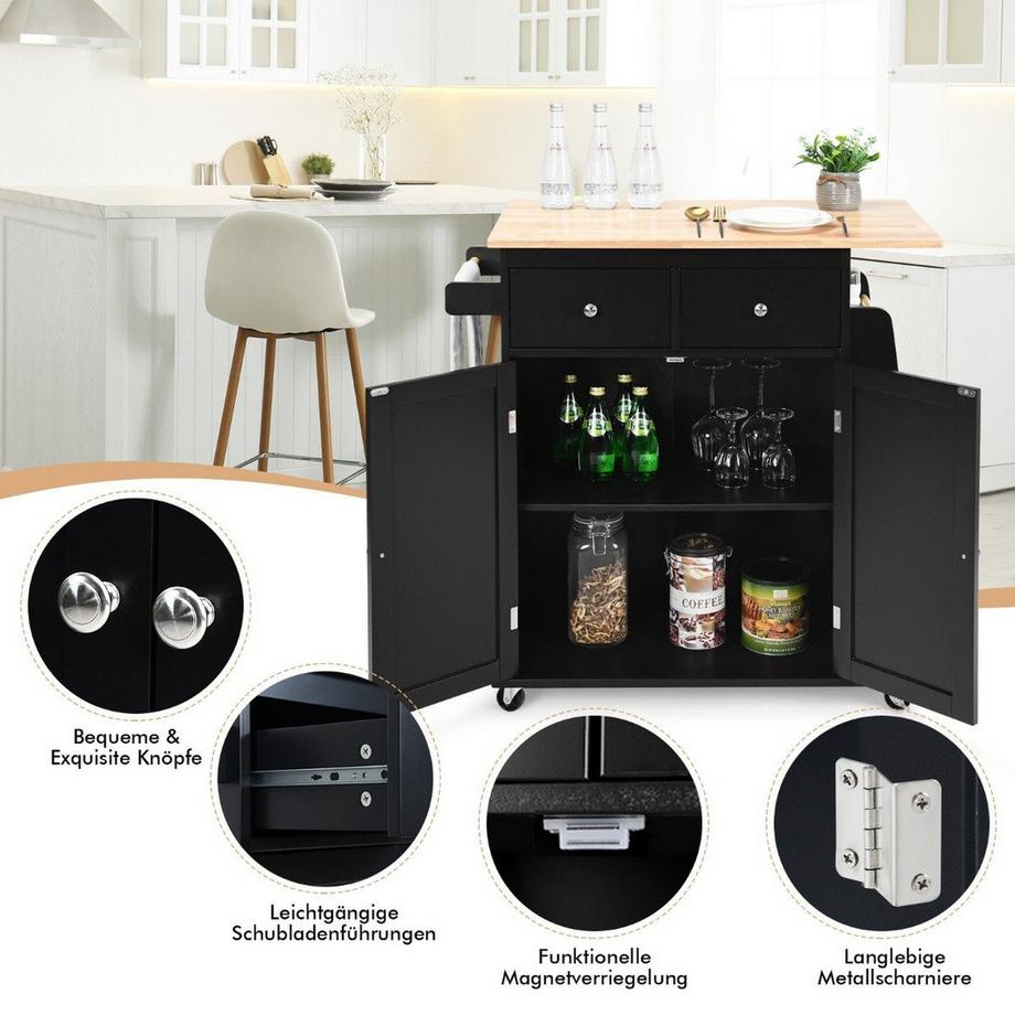 Northio Cucina ad isola con carrello portaoggetti in legno di gomma 88 x 46 x 89,5 cm Nero  