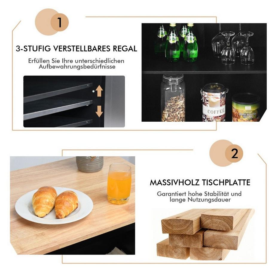 Northio Cucina ad isola con carrello portaoggetti in legno di gomma 88 x 46 x 89,5 cm Nero  