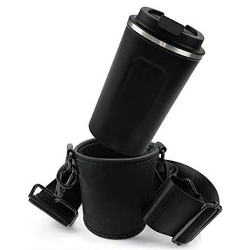 Ensemble porte-gobelets - Porte-gobelets et tasse thermique à accrocher - Porte-gobelets en néoprène avec bandoulière réglable - en noir - Noir