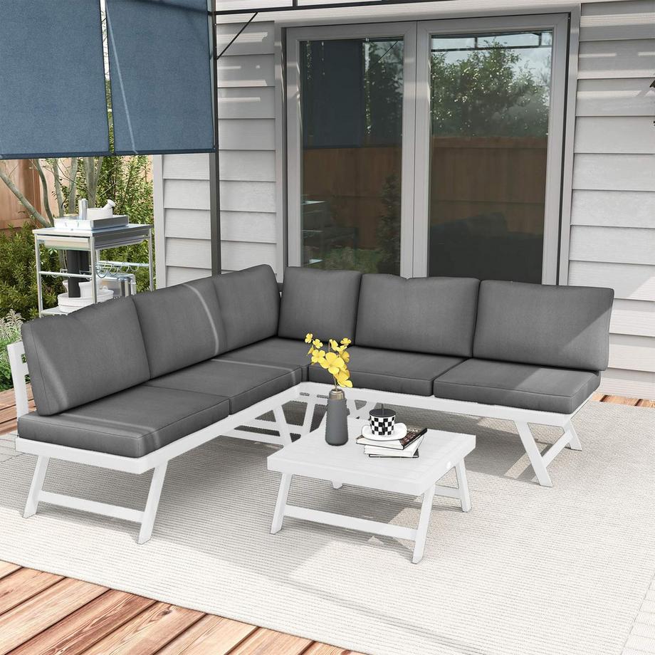 Northio 4-Tlg. Gartenmöbel-Set, Balkonmöbel-Set Mit Ecksofa, Doppelsofa, Couchtisch, Gartenlounge-Set Mit Sitzkissen, Grau  