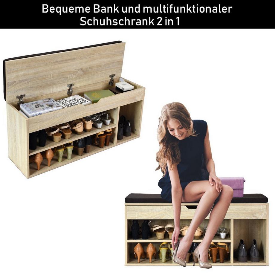 Northix Banc à chaussures commode à chaussures étagère à chaussures avec coussin d'assise bois 104 x 48 x 30 cm blanc/naturel-naturel  