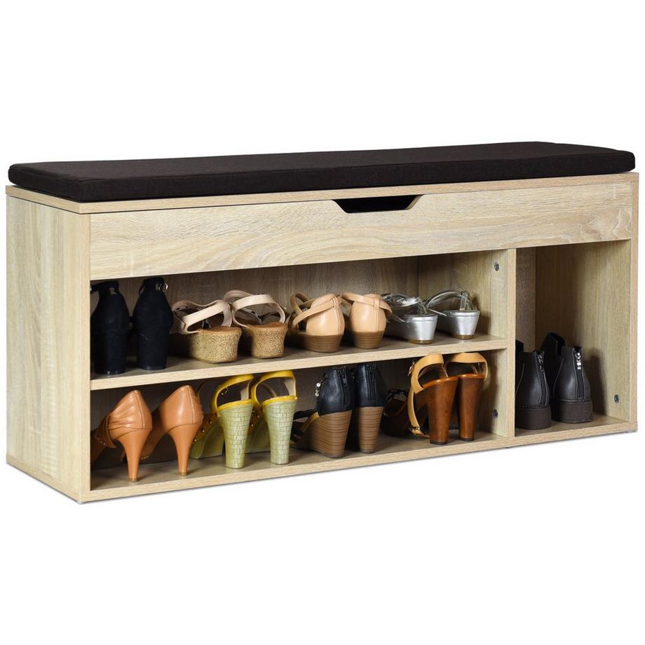 Northix Banc à chaussures commode à chaussures étagère à chaussures avec coussin d'assise bois 104 x 48 x 30 cm blanc/naturel-naturel  