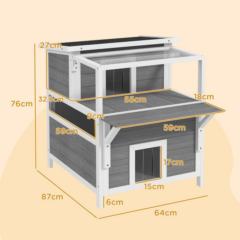 Northio  Katzenhöhle, Katzenhütte aus Tannenholz, Katzenhaus mit Balkon, Eingängen, für Katzen bis 5 kg, Outdoor, 64 x 87 x 76 cm, Hellgrau 