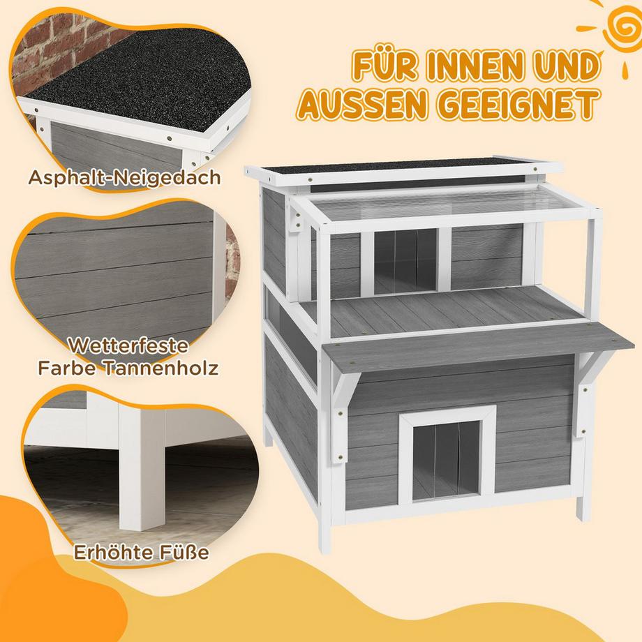 Northio  Katzenhöhle, Katzenhütte aus Tannenholz, Katzenhaus mit Balkon, Eingängen, für Katzen bis 5 kg, Outdoor, 64 x 87 x 76 cm, Hellgrau 
