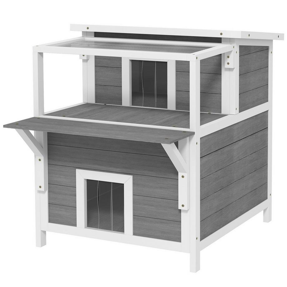 Northio  Katzenhöhle, Katzenhütte aus Tannenholz, Katzenhaus mit Balkon, Eingängen, für Katzen bis 5 kg, Outdoor, 64 x 87 x 76 cm, Hellgrau 