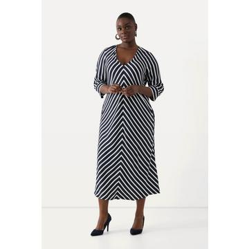 Robe midi à décolleté en V et manches 3/4. Ligne A et rayures.