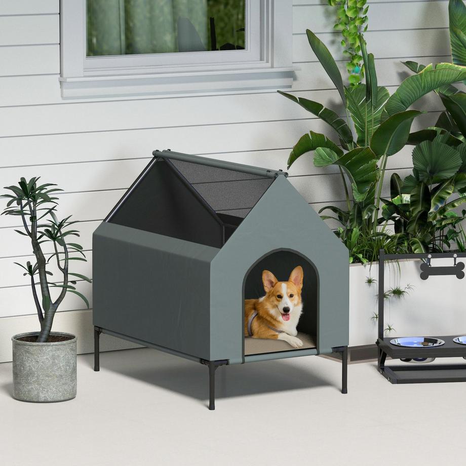 Northio  Hundehütte Hundehöhle Mesh-Fenster erhöhtes Hundebett abnehmbar Deckel Tragetasche kleine mittelgroße Hunde Oxford Grau 81x51x78cm 