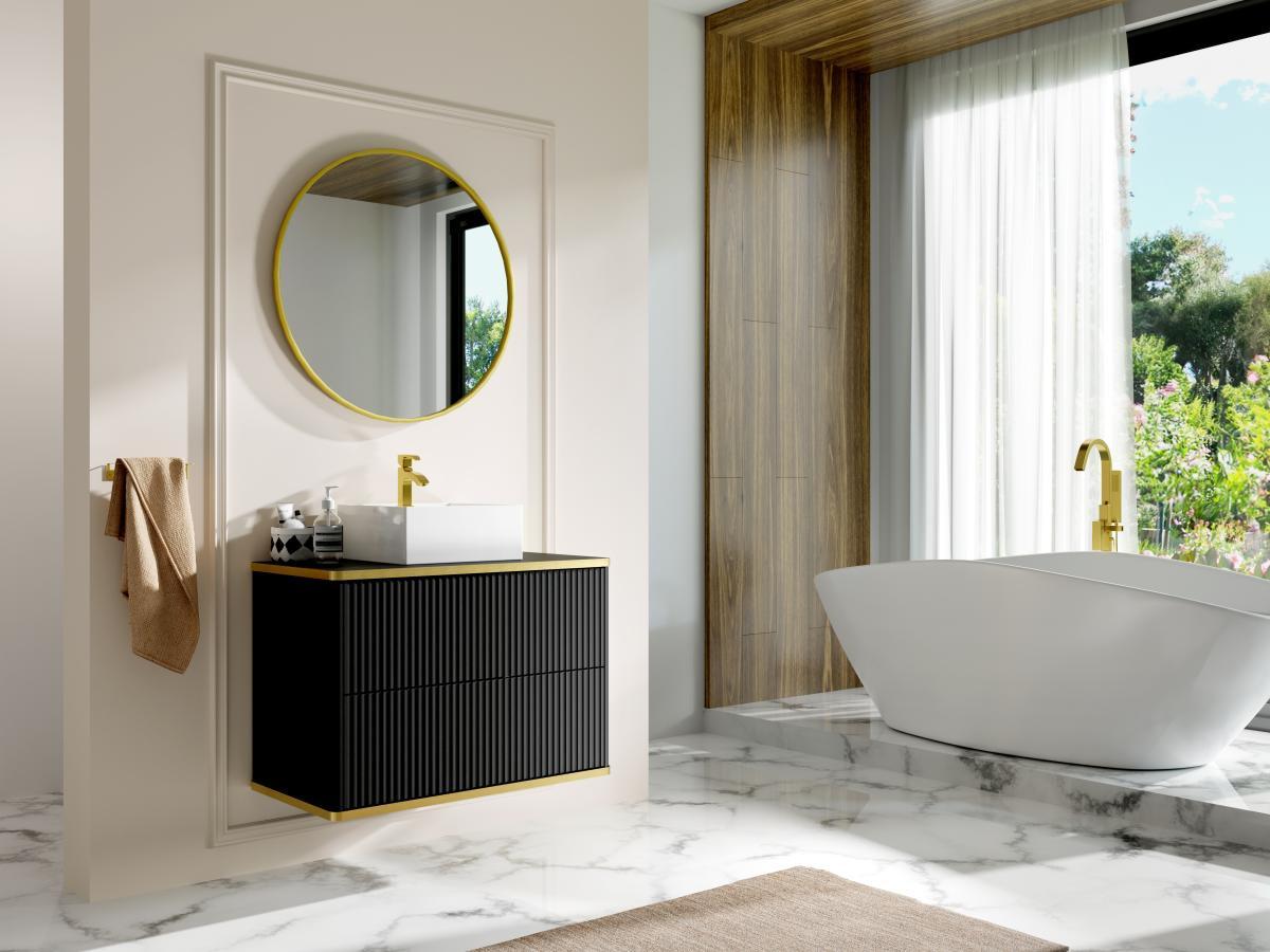Vente-unique Mobile per bagno sospeso con scanalature con profilo Dorato e lavabo da appoggio Nero 80 cm - KELIZA  