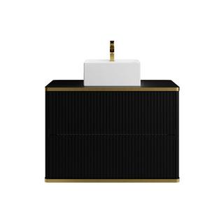 Vente-unique Mobile per bagno sospeso con scanalature con profilo Dorato e lavabo da appoggio Nero 80 cm - KELIZA  