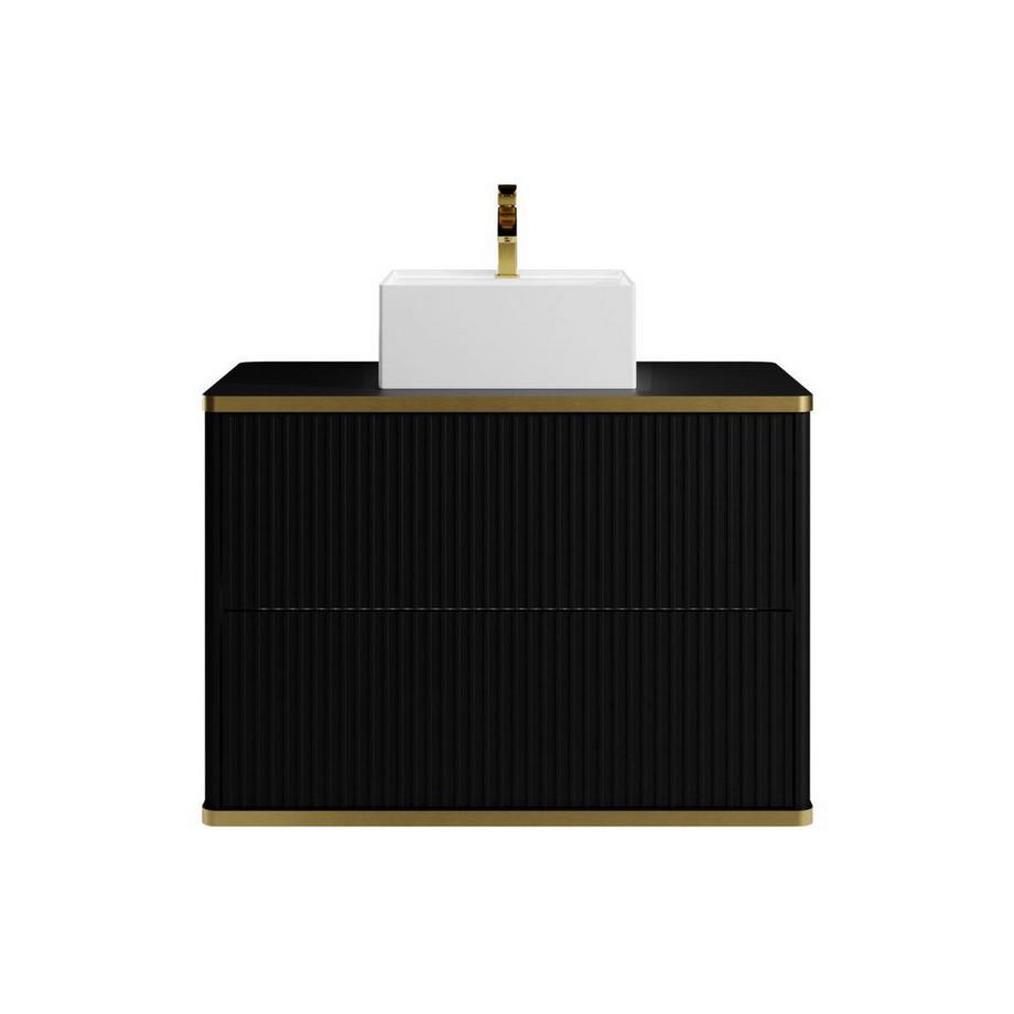 Vente-unique Mobile per bagno sospeso con scanalature con profilo Dorato e lavabo da appoggio Nero 80 cm - KELIZA  