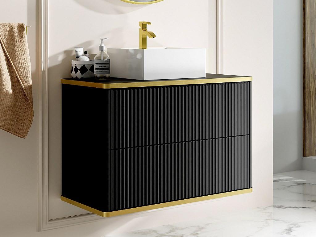 Vente-unique Mobile per bagno sospeso con scanalature con profilo Dorato e lavabo da appoggio Nero 80 cm - KELIZA  