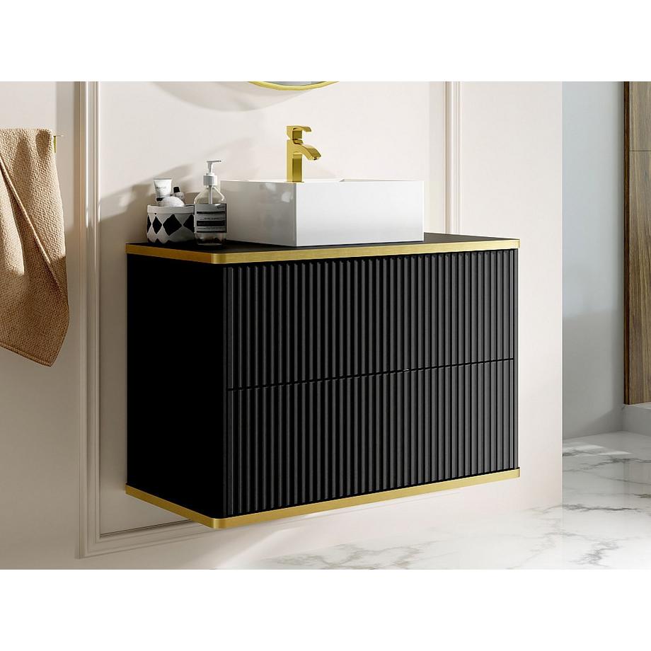 Vente-unique Mobile per bagno sospeso con scanalature con profilo Dorato e lavabo da appoggio Nero 80 cm - KELIZA  