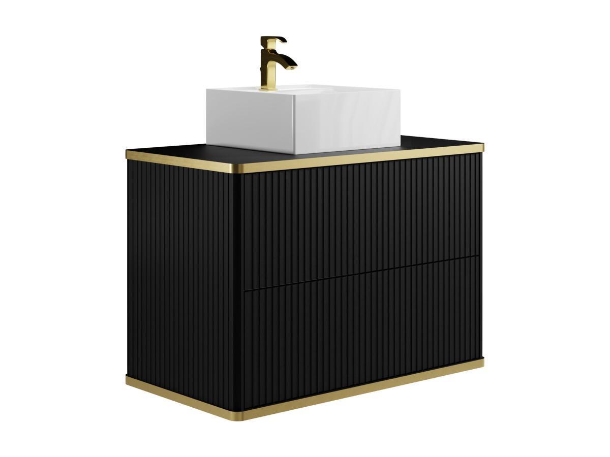 Vente-unique Meuble de salle de bain suspendu strié liseré doré avec vasque à poser - Noir - 80 cm - KELIZA  