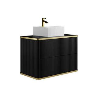 Vente-unique Mobile per bagno sospeso con scanalature con profilo Dorato e lavabo da appoggio Nero 80 cm - KELIZA  