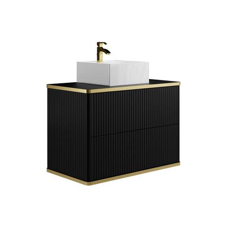 Vente-unique Meuble de salle de bain suspendu strié liseré doré avec vasque à poser - Noir - 80 cm - KELIZA  